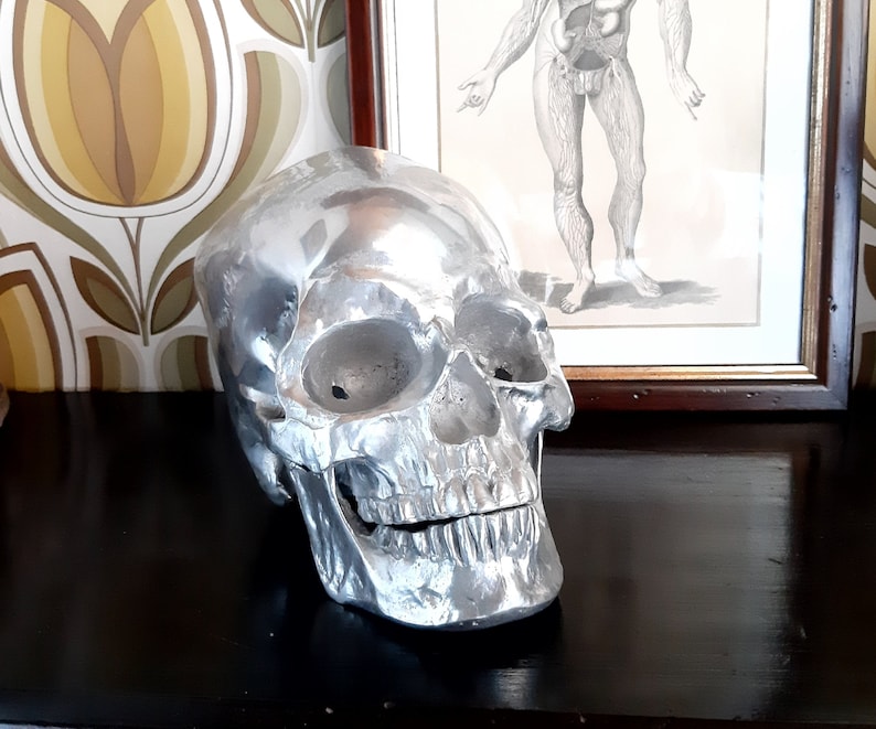 May include: A silver skull sculpture with a detailed anatomical design. The skull is sitting on a dark wooden surface.