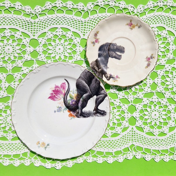 T-Rex Dinosaur Set Mismatch Vintage Small Plates