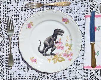 T-Rex Dinosaur on Vintage Dinner Plate