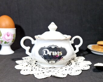 Drugs Vintage 50s Sugarbowl, Reworked Sugar Bowl, Funny Sugar Bowl,Cocaine,Drugs