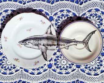 Shark on Vintage Mismatched Side Plates