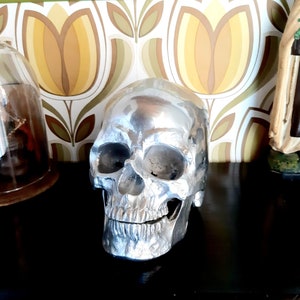 May include: A silver skull sculpture with a smooth, shiny finish. The skull is sitting on a dark surface with a patterned background.
