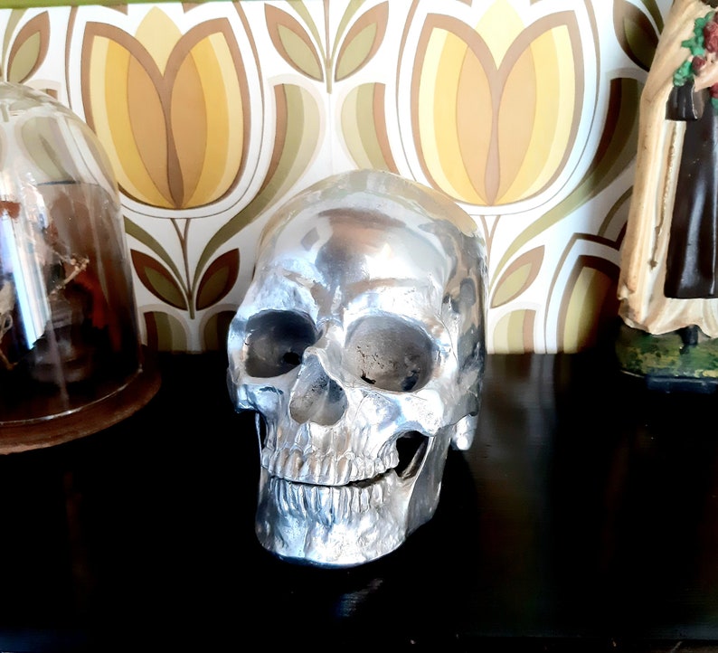 May include: A silver skull sculpture with a smooth, shiny finish. The skull is sitting on a dark surface with a patterned background.
