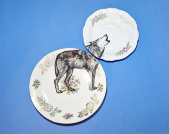Howling Wolf Set Upcycled Vintage Plates