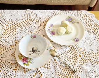 Skull on Vintage Mismatch Tea Set Trio, Funny Teacup, Mismatch Tea Set