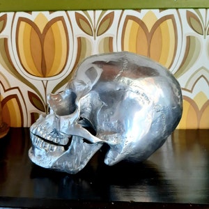 May include: A silver skull sculpture with a detailed, textured surface. The skull is positioned on its side, with the jaw slightly open.