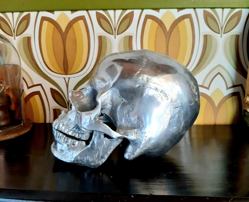 May include: A silver skull sculpture with a detailed, textured surface. The skull is positioned on its side, with the jaw slightly open.