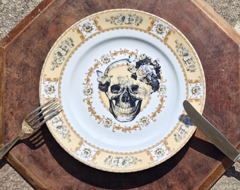 Skull with Flowers on Vintage Dinner Plate