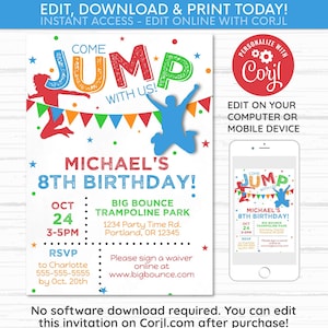 Jump Invitation - Trampoline Party Invitation - Jump Birthday Invitation - Bounce Invitation - Instant Download - PT1085