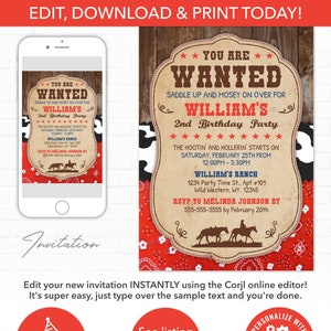 Cowboy Birthday Invitation, Western Birthday, Cowboy Party, Cowboy Invitation, Western Party, Wild West Birthday, Instant Download - PT1153