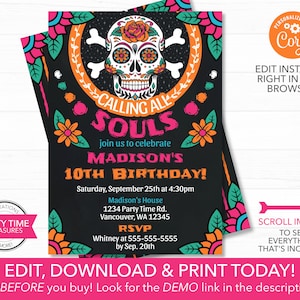 Editable Mexican Fiesta Birthday Invitation - Sugar Skull Birthday Invitation - Day of the Dead - Cinco de Mayo - Instant Download - PT1122