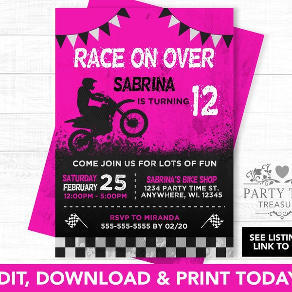 Girl Dirt Bike Birthday Invitation - Pink Dirt Bike Party - Invitation motocross - Invitation filles - Invitation imprimable - PT1099