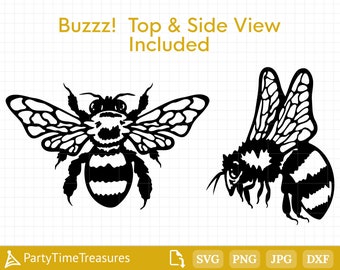 May include: Black and white silhouette of a bee in top and side views. Buzz! Top & Side View Included.