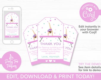 Gymnastics Thank You Tags, Gymnastics Favor Tags, Gymnastics Party Printable, Gymnastic Party Supplies - PT1151A