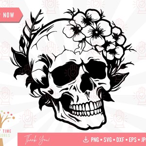 Skull with Flowers Svg, Floral Skull Clipart, Skeleton Png, Halloween Cut Files for Cricut, Flower Skull Svg