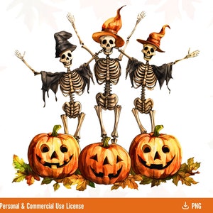 May include: Three cartoon skeletons wearing witch hats and holding up their arms, standing on top of three jack-o'-lantern pumpkins with smiling faces. The pumpkins are surrounded by fall leaves.