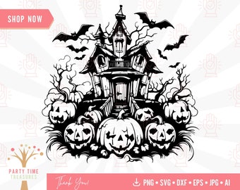 Halloween maison hantée Svg avec chauves-souris et citrouilles d'Halloween, Clipart Png manoir horreur gothique, effrayant citrouille effrayant Svg