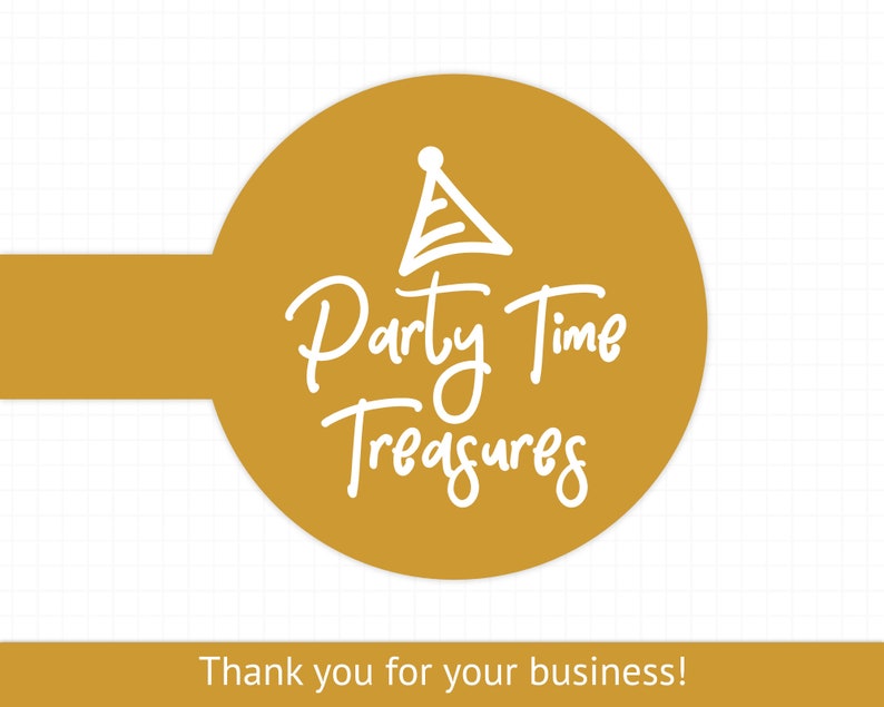 May include: A gold circle with a white party hat and the text "Party Time Treasures" in white cursive writing.