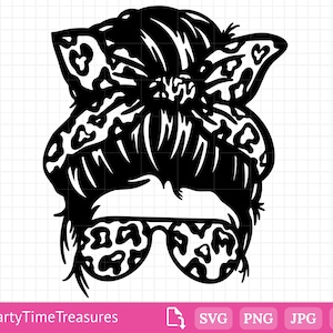 Leopard Print Messy Hair Bun Mom Life SVG, Hairstylist Svg, Sunglasses Svg, Png, Dxf, Pdf - PT1316