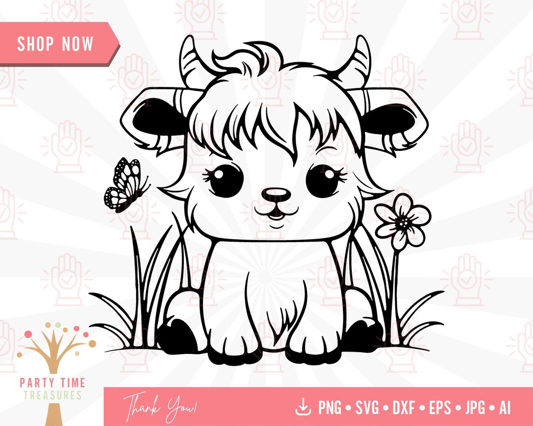 Cute Highland Cow Sitting Svg, Kawaii Baby Farm Animal Png, Heifer Svg ...