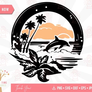 Delphin Strand Szene SVG, Tropische Palmen Png Clipart, Ozean Wellen, Hawaii Sommer Urlaub Vektor