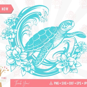 Floral Sea Turtle Svg, Sea Animal Vector, Turtle Cut File, Beach Turtle with Flower Svg, Ocean Animal Clipart, Digital Download