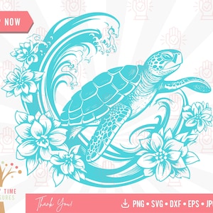 花柄のウミガメ SVG、海の動物ベクター、カメのカットファイル、花柄のビーチカメ SVG、海の動物クリップアート、デジタルダウンロード