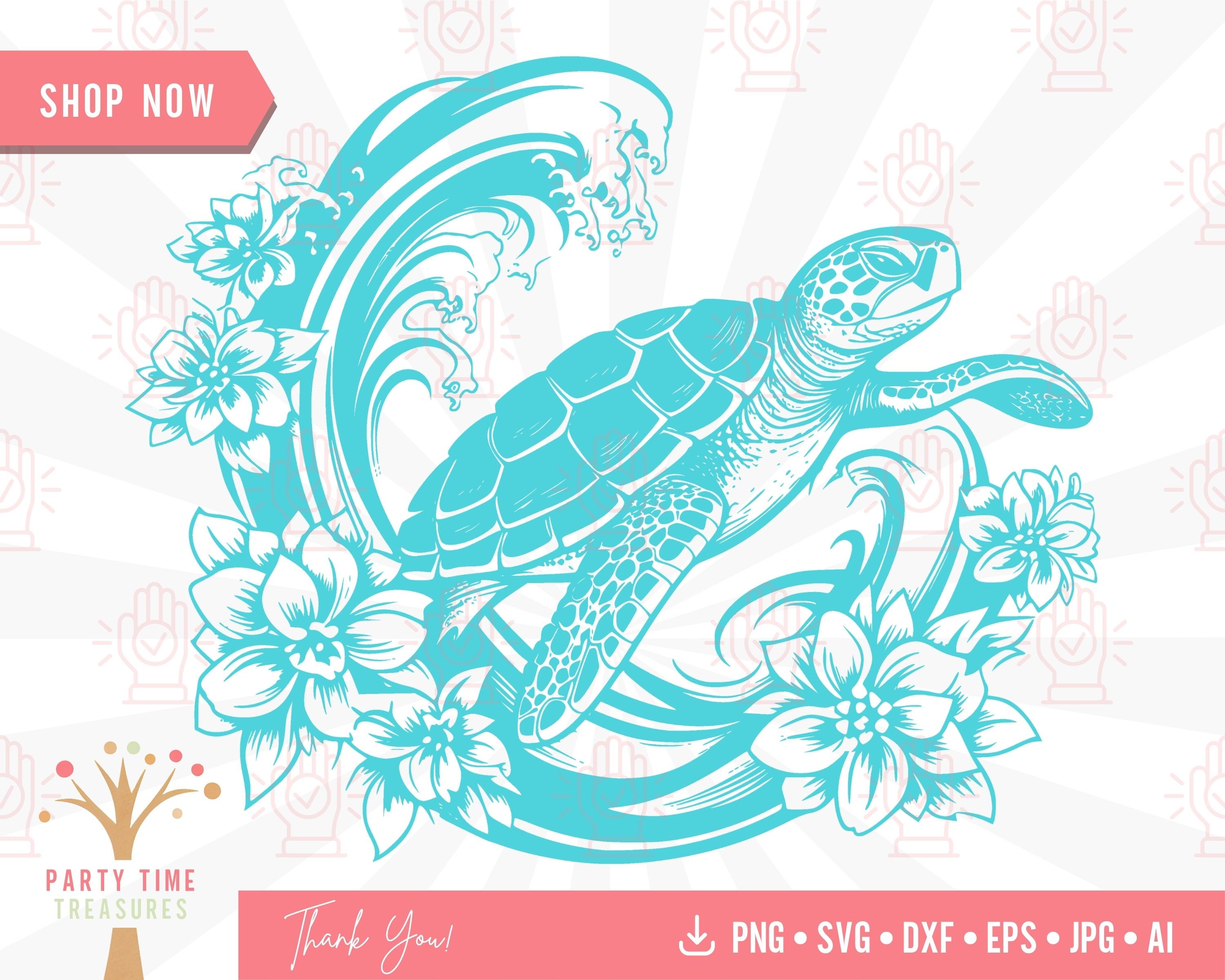 Floral Sea Turtle Svg, Sea Animal Vector, Turtle Cut File, Beach Turtle with Flower Svg, Ocean Animal Clipart, Digital Download