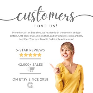 Peut inclure: Image avec le texte "customers LOVE US!" et une femme souriante pointant vers la droite. L'image comprend &eacute;galement "5-STAR REVIEWS", "42,000+ SALES" et "ON ETSY SINCE 2018".