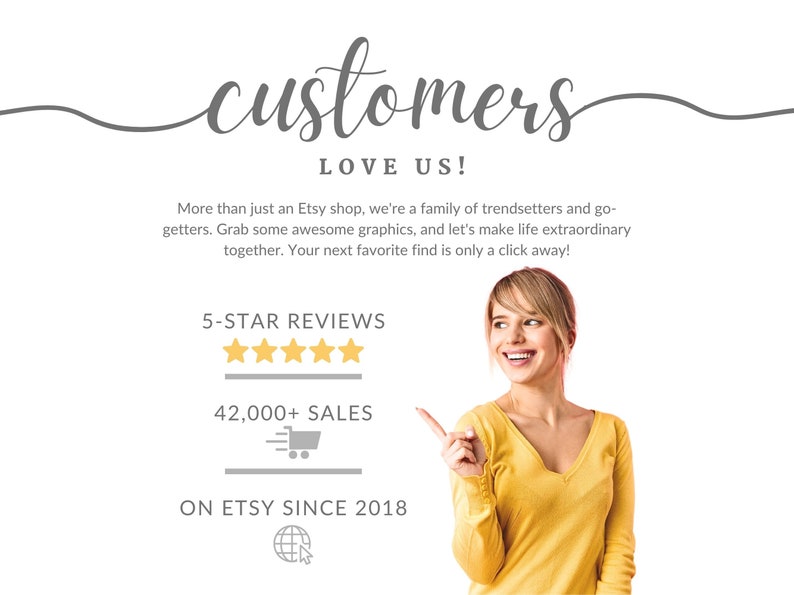 Peut inclure: Image avec le texte "customers LOVE US!" et une femme souriante pointant vers la droite. L'image comprend &eacute;galement "5-STAR REVIEWS", "42,000+ SALES" et "ON ETSY SINCE 2018".