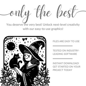 Peut inclure: Illustration en noir et blanc d'une sorci&egrave;re et d'un chat, entour&eacute;s de fleurs. Le texte "only the best" est en haut, avec des informations sur des graphiques faciles &agrave; utiliser et des t&eacute;l&eacute;chargements instantan&eacute;s.