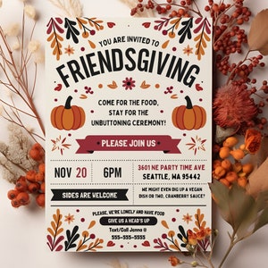 Invitación divertida para la fiesta de Acción de Gracias, invitación informal para compartir con amigos en Acción de Gracias, cena de otoño, plantilla editable