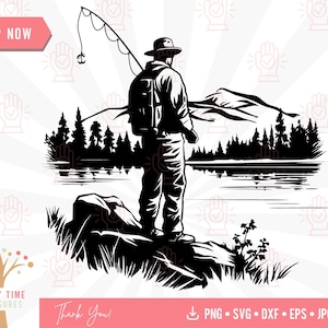 Lake Fishing Svg, visser met hengel in berglandschap met bos png clipart, papa bas vissen shirt cut-bestand