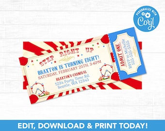 Carnival Invitation - Carnival Party - Carnival Birthday Invitation - Vintage Carnival Tickets - PT1108