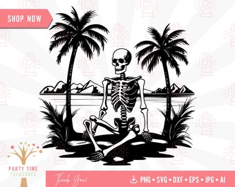Skeleton Summer Svg Beach Scene Cut File, Tropical Palm Trees Clipart, Surf Sun Sand Sea Png, Summer Vacation Vector Artwork