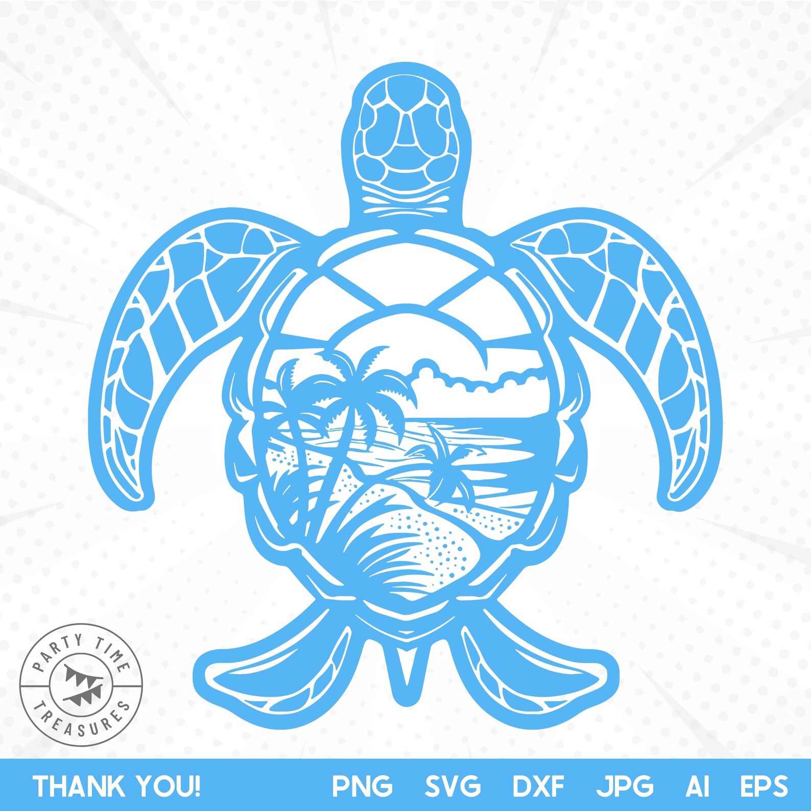 Tropical Sea Turtle SVG Cut File, Beach Scene With Palm Trees Png ...