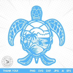 Archivo de corte SVG de tortuga marina tropical, escena de playa con palmeras png, Hawaii Beach Svg, archivos de corte CNC de plasma láser de tortuga oceánica