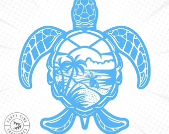 Tropical Sea Turtle SVG Cut File, Beach Scene with Palm Trees Png, Hawaii Beach Svg, Ocean Turtle Laser Plasma CNC Cut Files