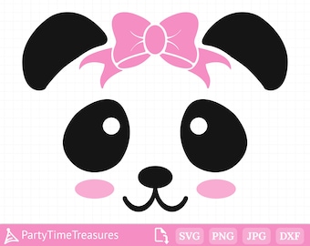 May include: A black and white panda face with pink cheeks and a pink bow on top of its head.