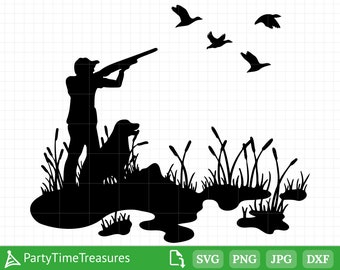 May include: Black silhouette of a hunter with a shotgun, a dog, and flying ducks in a marshland setting. The hunter is standing with a raised shotgun, aiming at the ducks. The dog is standing beside the hunter, looking up at the ducks. The ducks are flying in a V-formation.