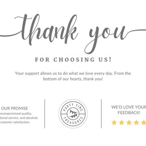 Peut inclure: Une carte blanche avec l'expression "thank you" en &eacute;criture cursive, suivie de "FOR CHOOSING US!". La carte comprend &eacute;galement du texte sur le support client, un logo et une demande de commentaires.