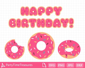 May include: Pink and white donut-shaped birthday banner with the text "Happy Birthday!" in pink letters with white sprinkles. The banner includes three pink donuts with white and brown sprinkles.