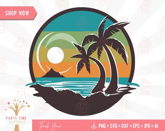 Beach Scene SVG, Palm Tree Circle Cut File for Cricut, Trendy Summer Shirt Design Png, Tropical Vacation Clipart, Summer Sunset