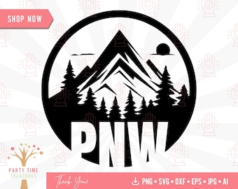 May include: Black and white graphic design of a mountain range with trees and the text "PNW" in a circle.