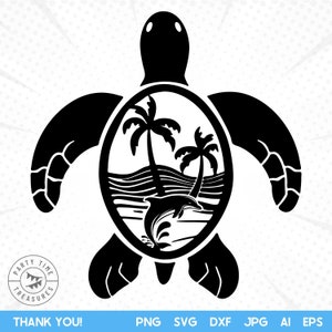 Tropische Meeresschildkröte SVG-Schnittdatei, Delfinszene mit Palmen Png, Hawaii-Strandsvg, Meeresschildkrötenlaser-Plasma CNC-Schnittdateien