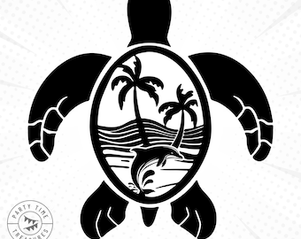 May include: Black silhouette of a sea turtle with a palm tree and dolphin inside the shell. The turtle is facing forward with its head up. The palm tree has two trunks and is on a beach with waves.