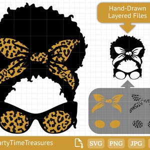 May include: A black and white digital illustration of a woman with an afro hairstyle wearing leopard print sunglasses and a leopard print headband. The image includes layered files for crafting projects.