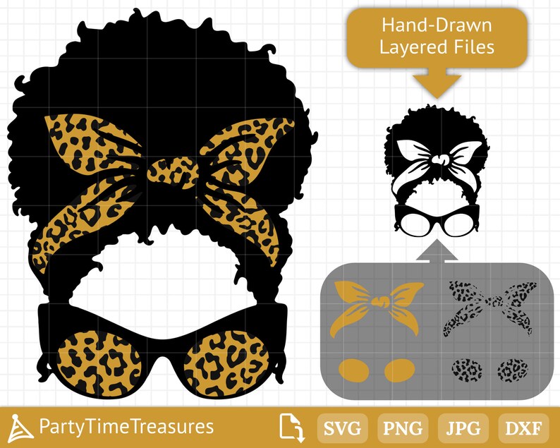 May include: A black and white digital illustration of a woman with an afro hairstyle wearing leopard print sunglasses and a leopard print headband. The image includes layered files for crafting projects.