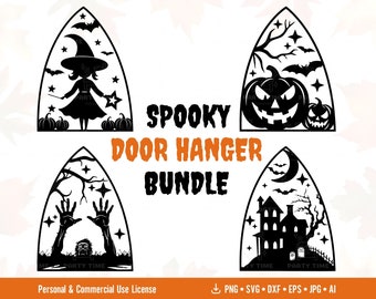 Spooky Halloween Door Hanger SVG Bundle, Halloween Decor, Haunted House Svg, Wooden Door Hanger Svg, Halloween Laser Cut Files, Pumpkin