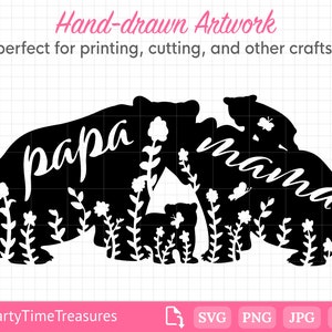 Bear Family SVG avec deux oursons, Mama Bear Svg, Papa Bear Svg, Mommy Svg, Png, Dxf, Pdf - PT1322